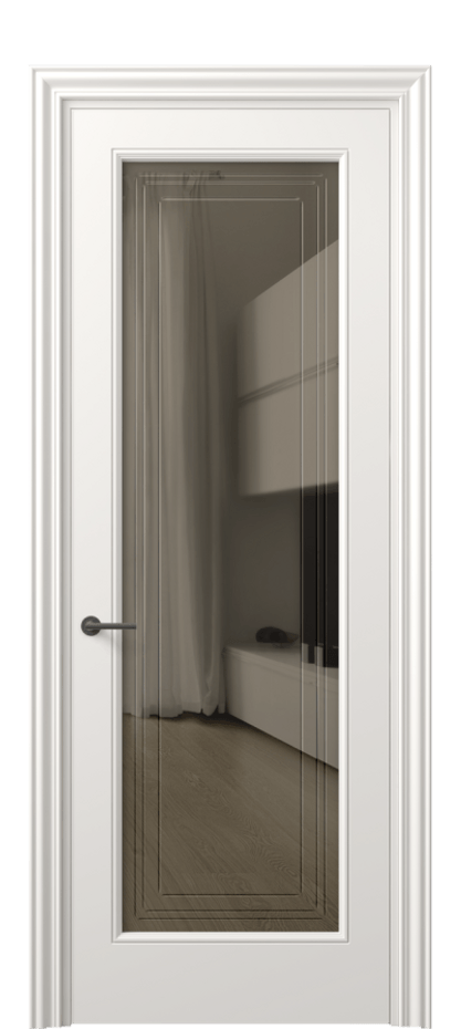 Межкомнатная дверь Mascot 8400 Матовый пудровый белый Прозрачное бронзовое стекло с гравировкой "Грани", триплекс Цена 82499 ₽ | Volhovec