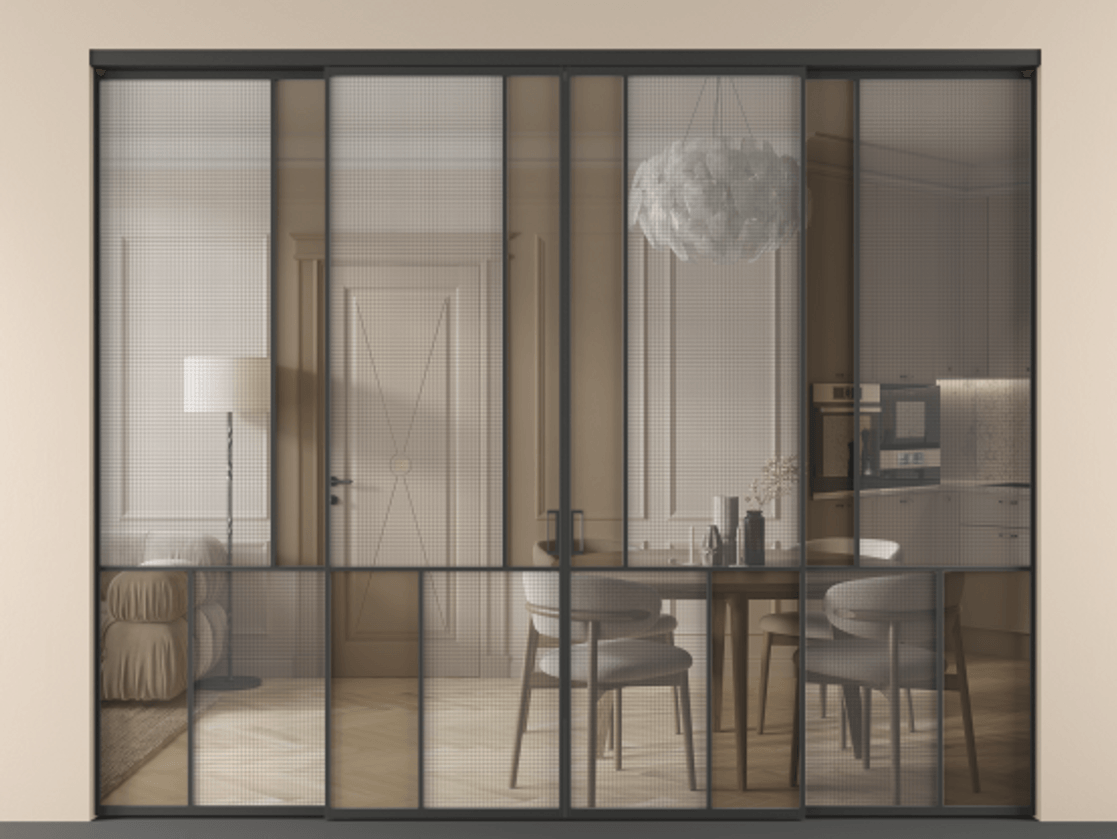 Перегородка Mosaic внутри проёма 4 створки АЛПР 041.20 Алюминий Черный Декоративное стекло с сеткой "Mesh silver", триплекс, 6 мм + Прозрачное бронзовое стекло, триплекс. Скрытый короб ЧЕР Цена 3142430 AMD . Фабрика дверей Волховец 8 (800) 551 43 19 Перегородка Mosaic внутри проёма 4 створки АЛПР 041.20 Алюминий Черный Декоративное стекло с сеткой "Mesh silver", триплекс, 6 мм + Прозрачное бронзовое стекло, триплекс Цена 3142430 AMD | Volhovec