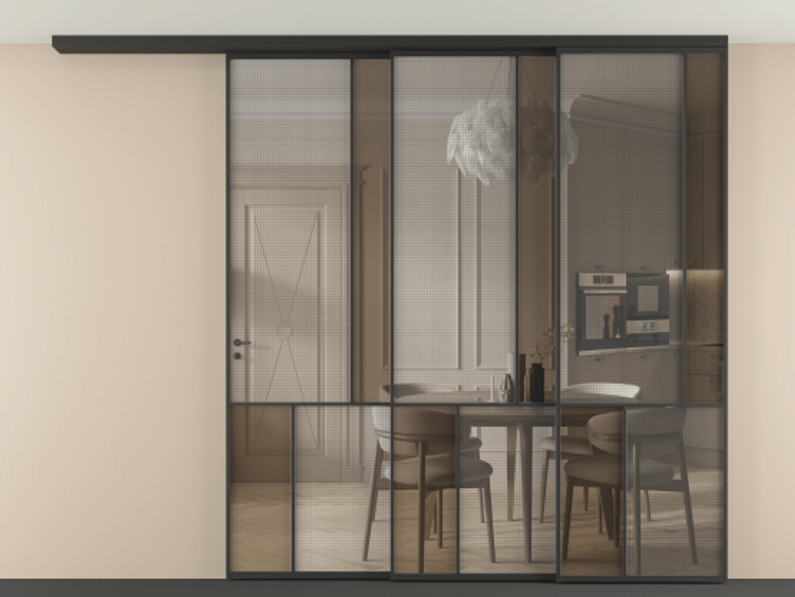 Перегородка Mosaic вдоль стены на потолок 3 створки с синхронным механизмом АЛПР 041.21 Алюминий Черный Декоративное стекло с сеткой "Mesh silver", триплекс, 6 мм + Прозрачное бронзовое стекло, триплекс. Скрытый короб ЧЕР Цена 3322630 AMD . Фабрика дверей Волховец 8 (800) 551 43 19 Перегородка Mosaic вдоль стены на потолок 3 створки с синхронным механизмом АЛПР 041.21 Алюминий Черный Декоративное стекло с сеткой "Mesh silver", триплекс, 6 мм + Прозрачное бронзовое стекло, триплекс Цена 3322630 AMD | Volhovec