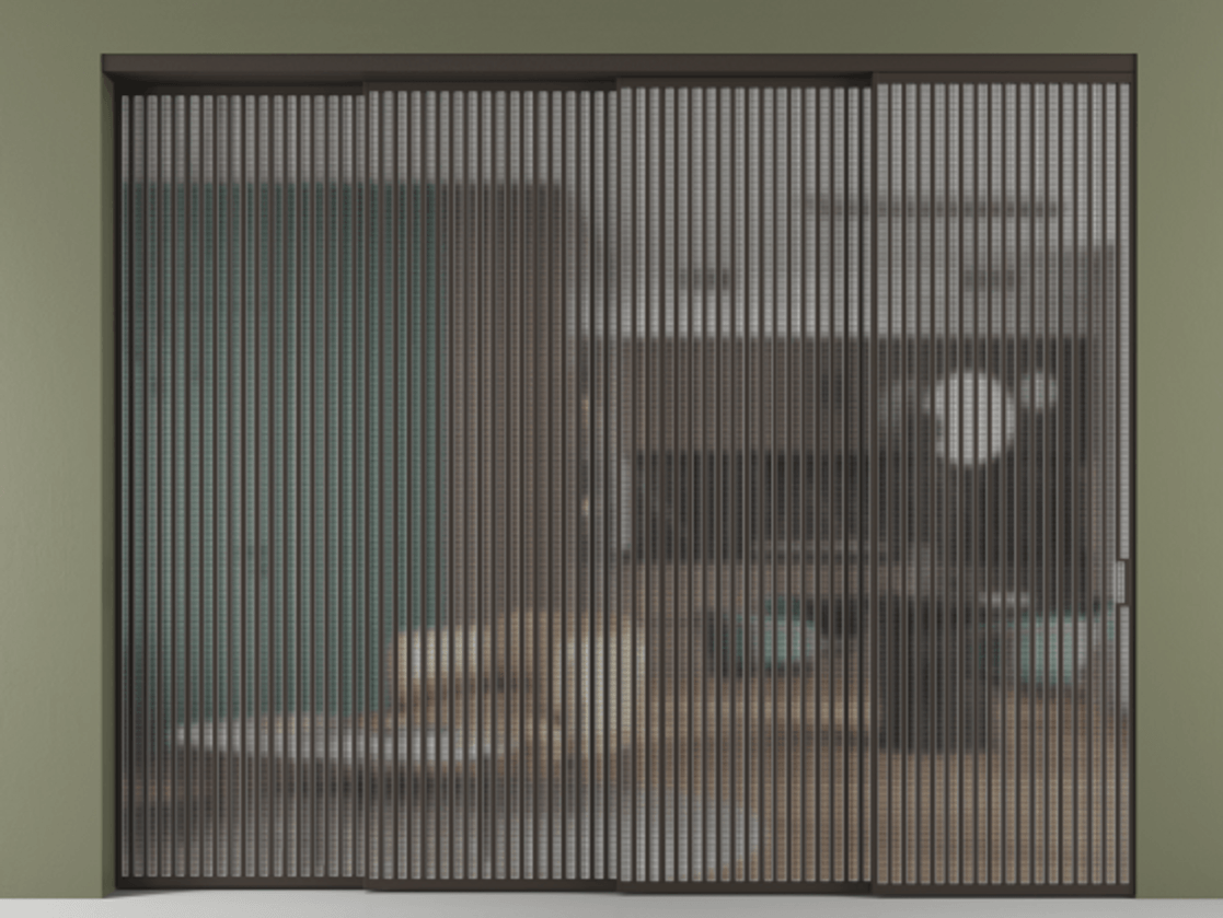 Перегородка Formato внутри проёма 4 створки с синхронным механизмом АЛПР 040.06 Алюминий антрацит Декоративное стекло с сеткой "Mesh silver", триплекс. Цена 802920 ₽ 1. Полотно 4 шт. (800/2100 мм)
2. Комплект установки раздвижной системы
3. Базовый комплект фурнитуры
4. Комплект фурнитуры телескопик синхро-3
5. Ручка RONDO
. Фабрика дверей Волховец 8 (800) 551 43 19 Перегородка Formato внутри проёма 4 створки с синхронным механизмом АЛПР 040.06 Алюминий антрацит Декоративное стекло с сеткой "Mesh silver", триплекс Цена 802920 ₽ | Volhovec