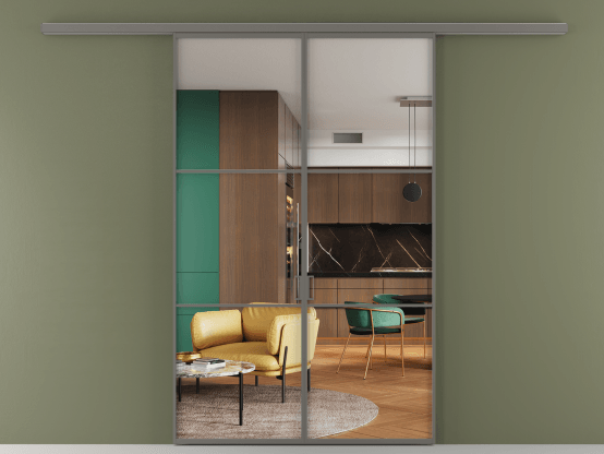 Алюминевая перегородка АЛПР 040.03_АКЛС_Crystalvision_new. Цвет Алюминий классический серый. Материал Алюминий в эмали. Коллекция Перегородка Formato вдоль стены 2 створки. Картинка.