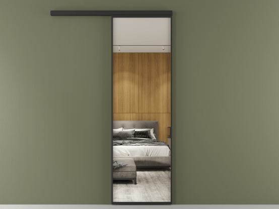 Алюминевая перегородка vd1_01 Зеркало триплекс ЧЕР. Цвет Алюминий Черный. Материал Алюминий. Коллекция Перегородка Formato вдоль стены 1 створка. Картинка.