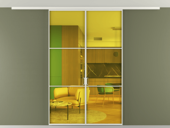 Алюминевая перегородка АЛПР 040.03_АСР_ПРОЗ ЖЕЛ_new. Цвет Алюминий серый. Материал Алюминий в эмали. Коллекция Перегородка Формато вдоль стены на потолок 2 створки. Картинка.